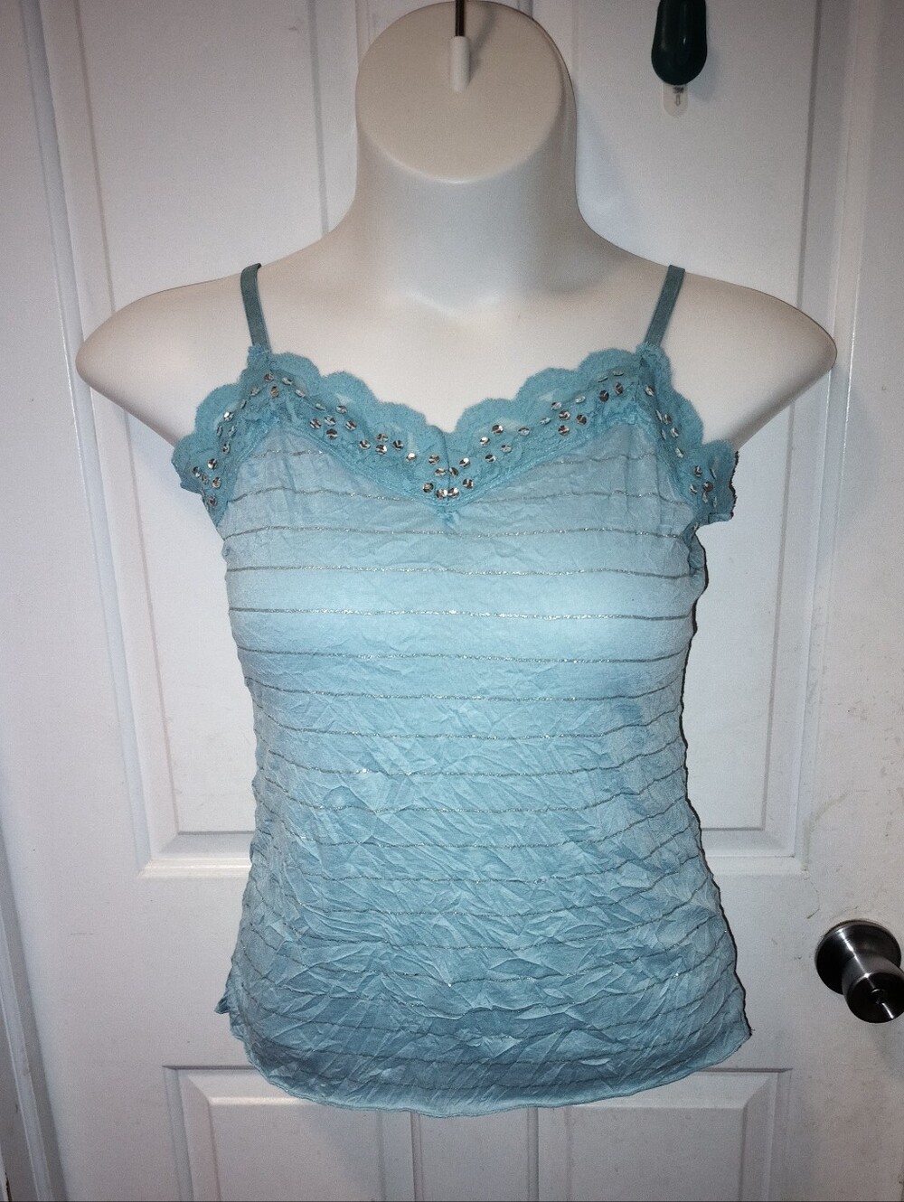 🆕Lena Jeans Y2K Women Cami Dusty Blue Crinkle Lace Trim Tank Sz M